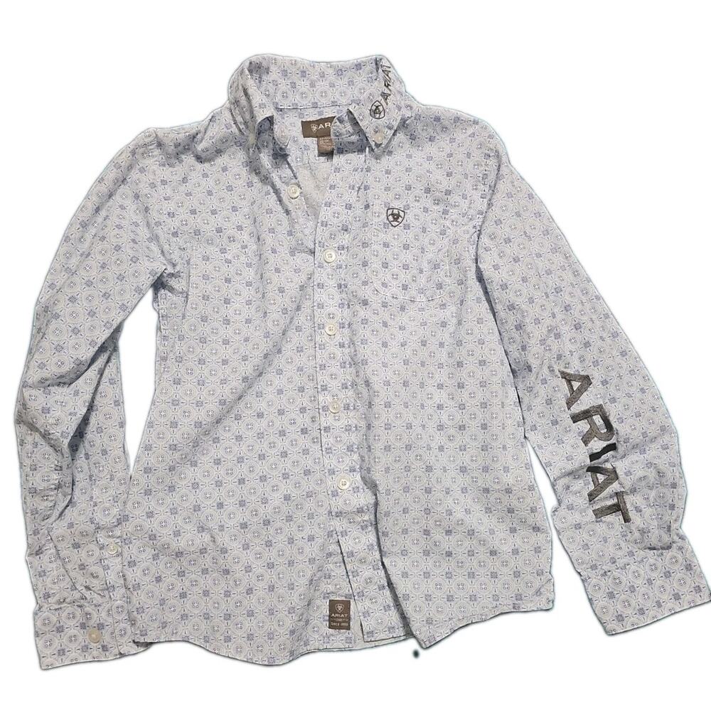 Ariat Western Shirt Boys Size S 8 Blue Embroidered Long Sleeve Button Up Rodeo